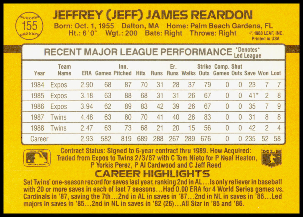 1989 Donruss Jeff Reardon Card Minnesota Twins - not a clean cut on edges