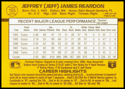 1989 Donruss Jeff Reardon Card Minnesota Twins - not a clean cut on edges