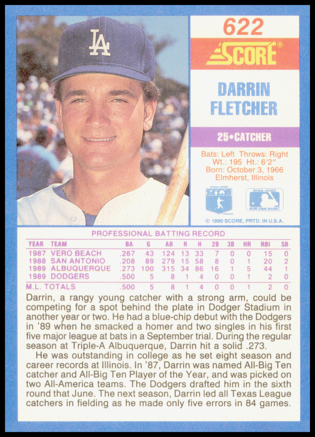 1990 Score Darrin Fletcher Rookie Card #622 Los Angeles Dodgers RC