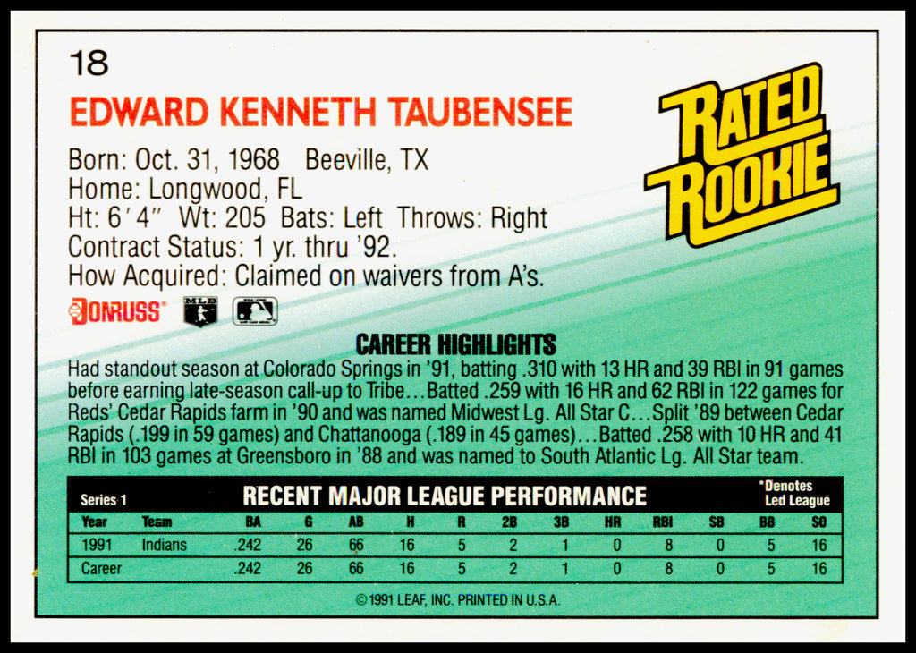 1992 Donruss Eddie Taubensee Card RC Cleveland Indians