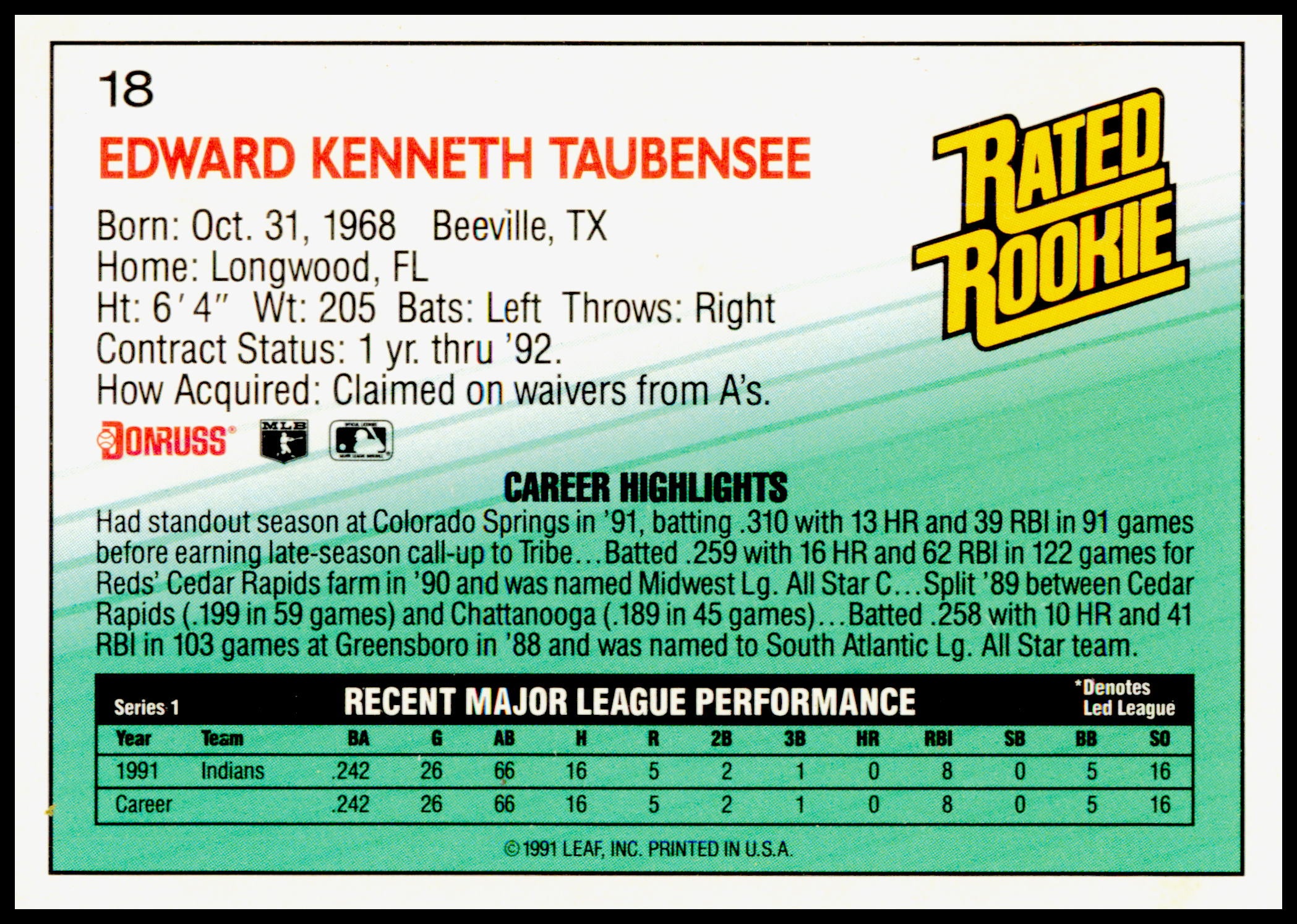 1992 Donruss Eddie Taubensee Card RC Cleveland Indians