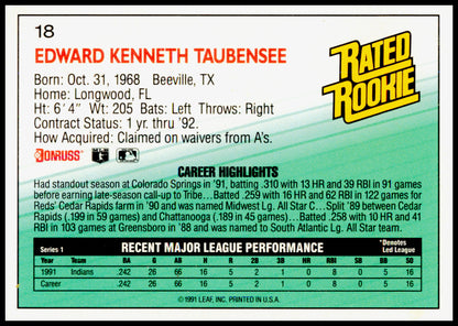 1992 Donruss Eddie Taubensee Card RC Cleveland Indians