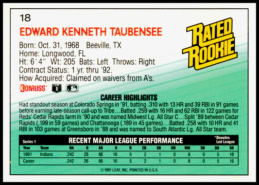 1992 Donruss Eddie Taubensee Card RC Cleveland Indians