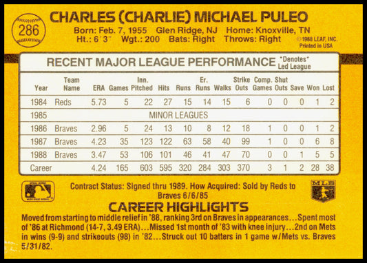 1989 Donruss Charlie Puleo Card Atlanta Braves - edges signs of aging