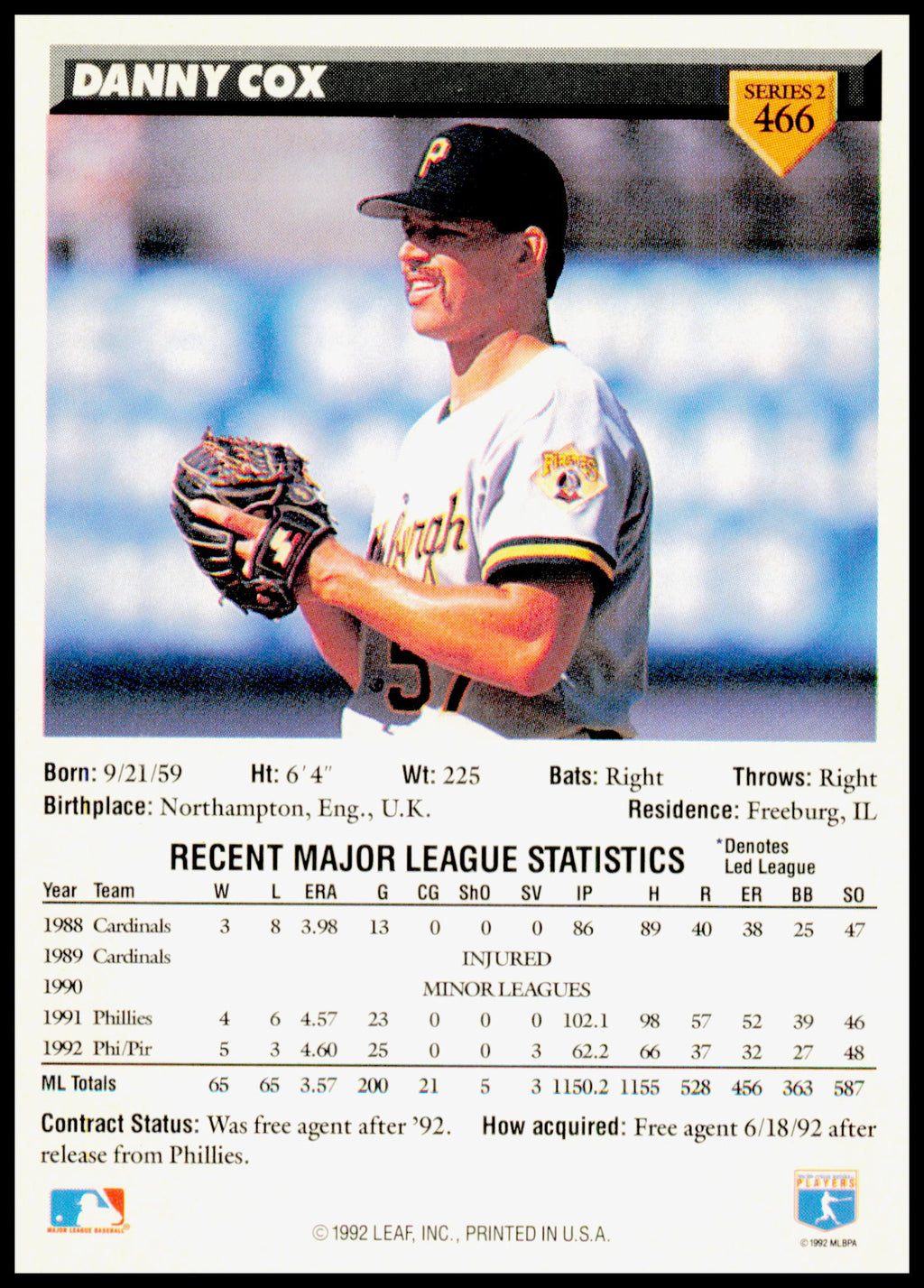 1993 Donruss Danny Cox Card Pittsburgh Pirates