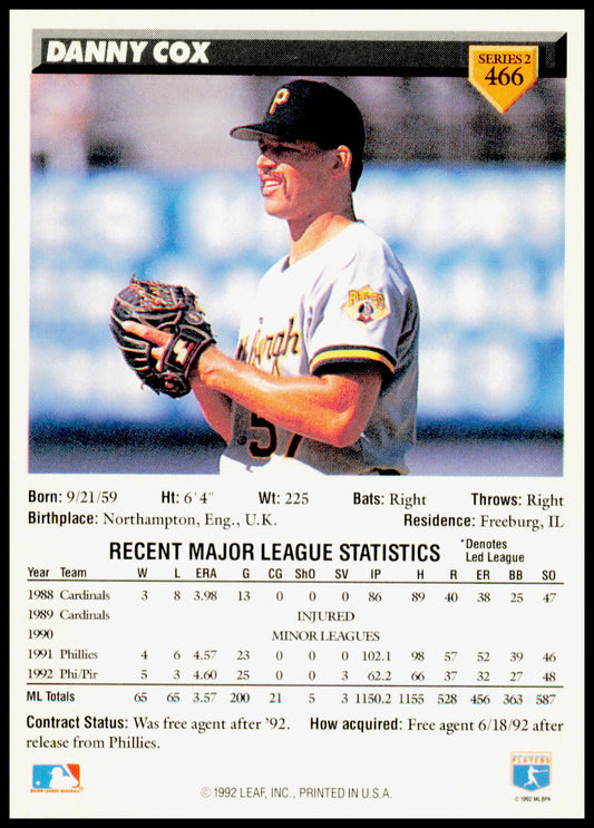 1993 Donruss Danny Cox Card Pittsburgh Pirates