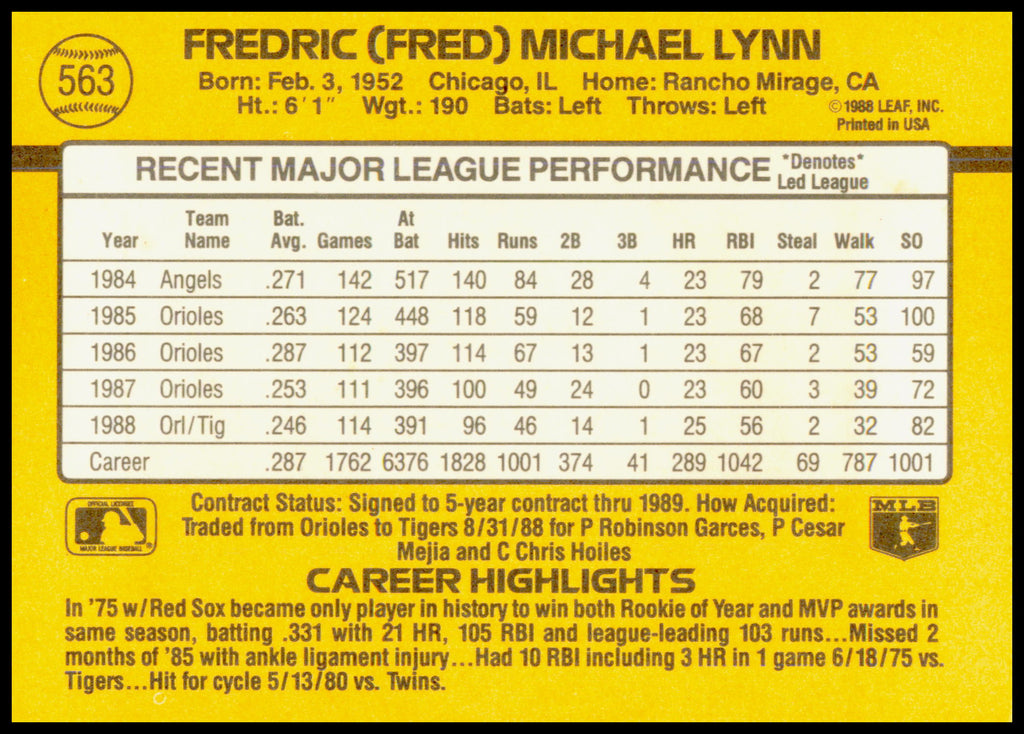 1989 Donruss Fred Lynn Card Detroit Tigers - Aging on edges