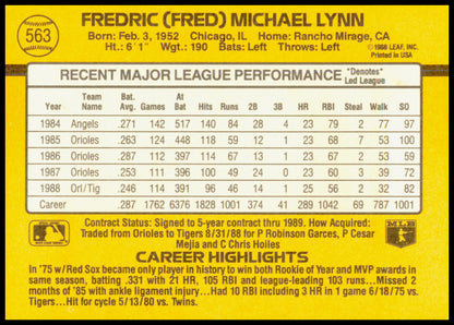 1989 Donruss Fred Lynn Card Detroit Tigers - Aging on edges