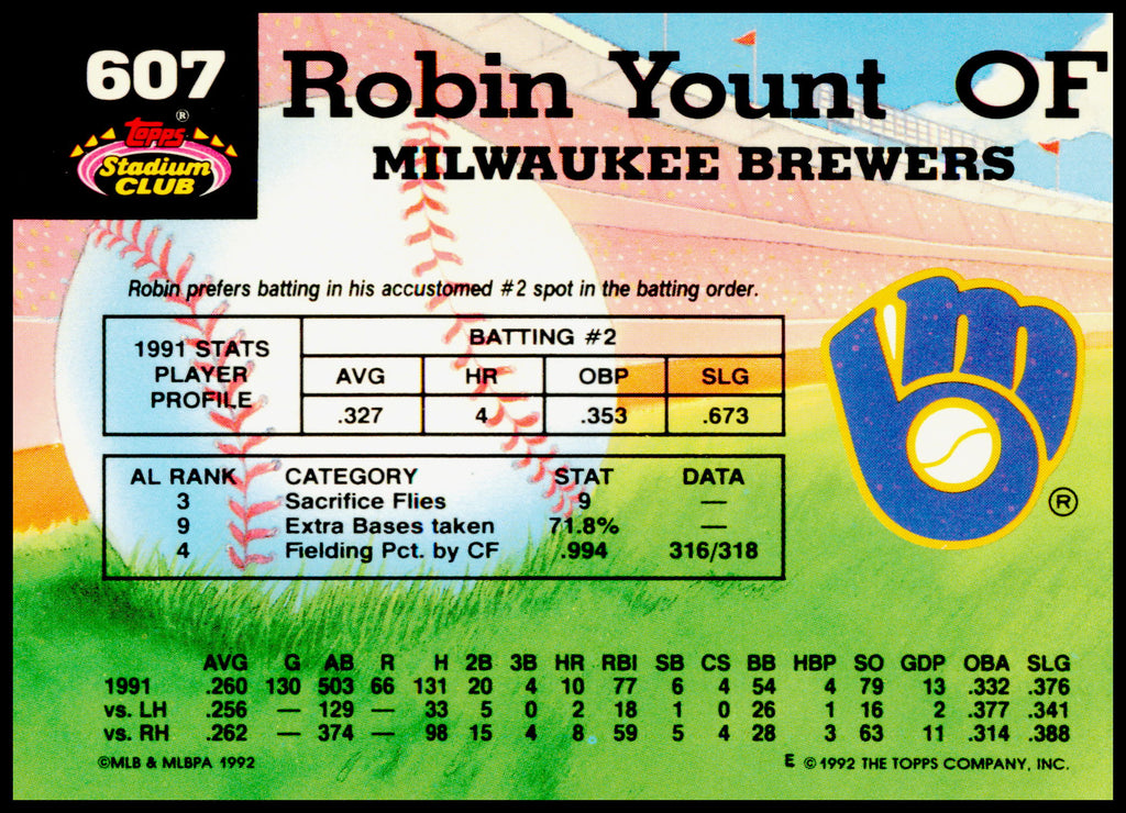 1992 Stadium Club Robin Yount Card Milwaukee Brewers