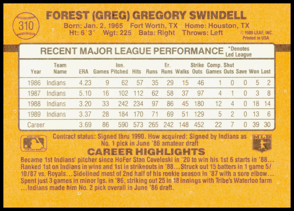 1990 Donruss Greg Swindell Card Cleveland Indians