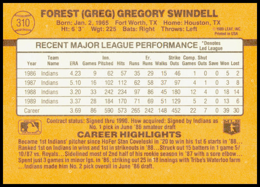 1990 Donruss Greg Swindell Card Cleveland Indians