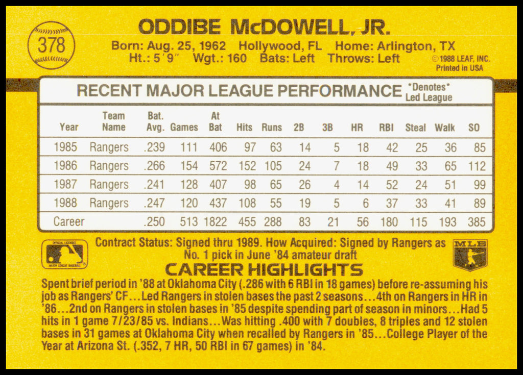 1989 Donruss Oddibe McDowell Card Texas Rangers