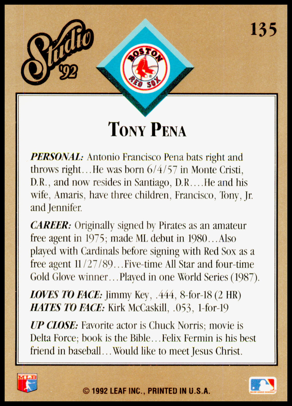 1992 Studio Tony Pena Card Boston Red Sox