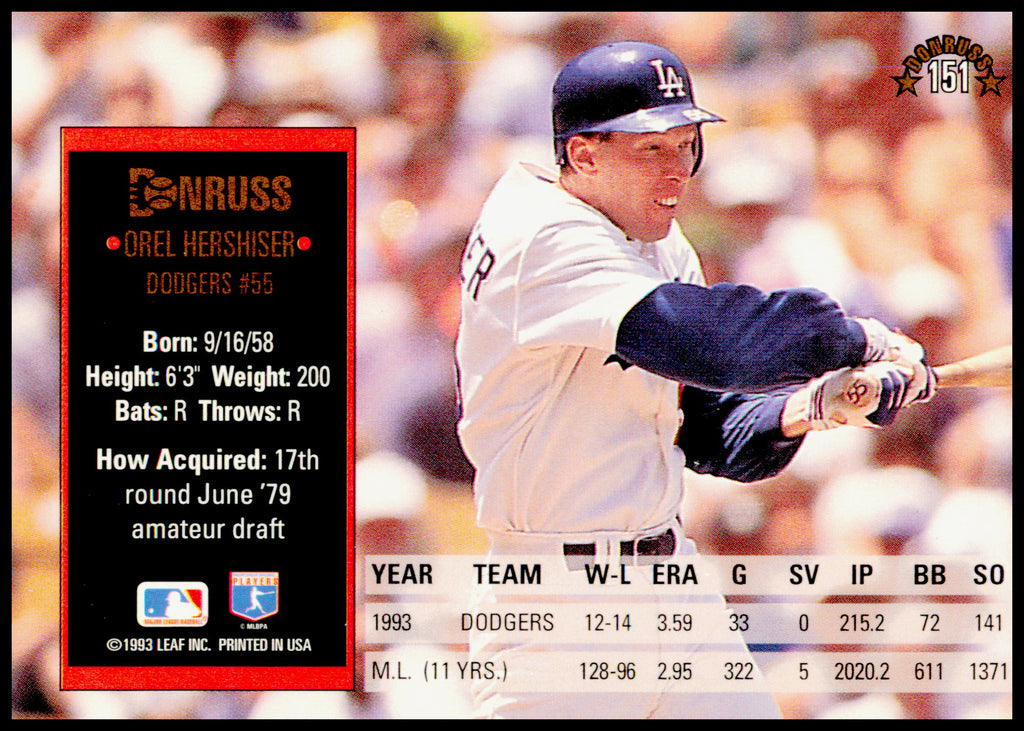 1994 Donruss Orel Hershiser Card Los Angeles Dodgers - Edges have Aging