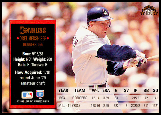 1994 Donruss Orel Hershiser Card Los Angeles Dodgers - Edges have Aging