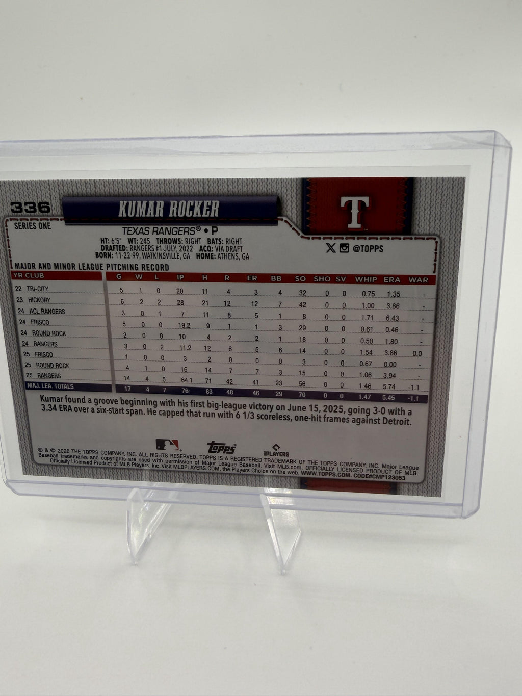 2026 Topps Series 1 Kumar Rocker Card #336 Texas Rangers Future Stars