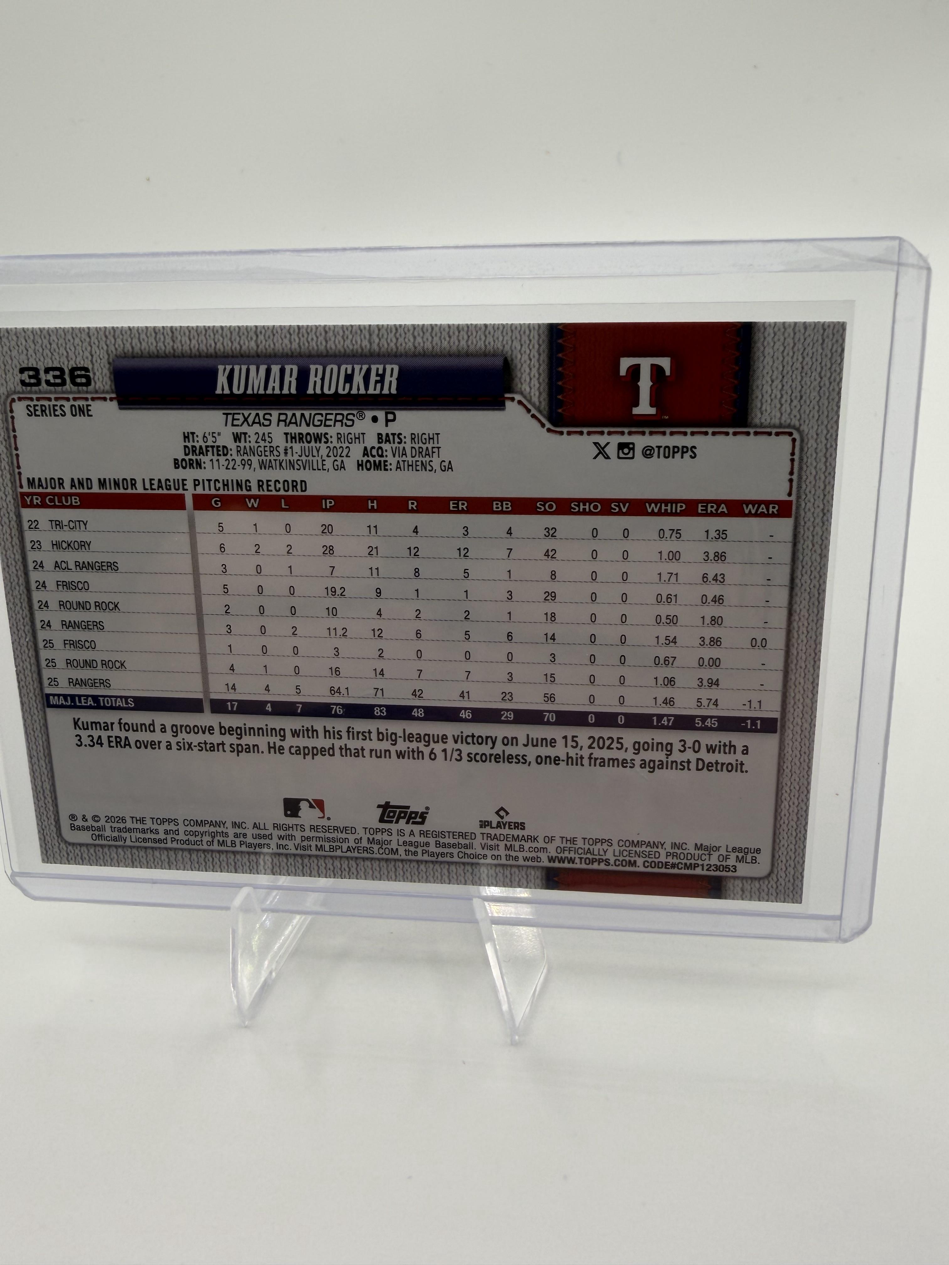 2026 Topps Series 1 Kumar Rocker Card #336 Texas Rangers Future Stars