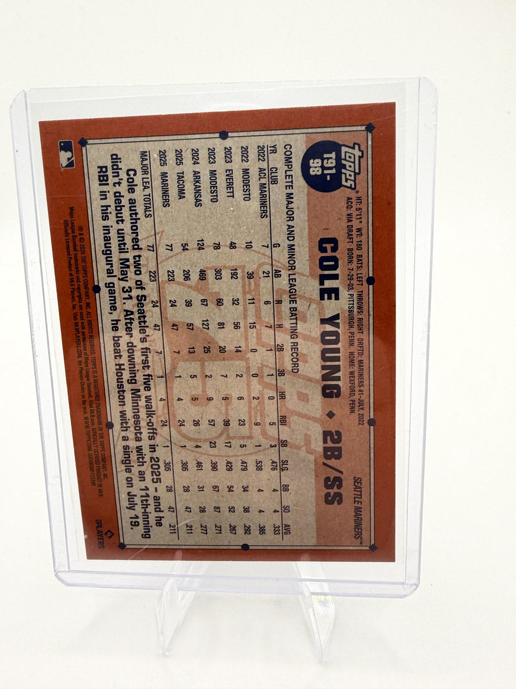 2026 Topps Cole Young Rookie RC Card #T91-98 Mariners 1991 Throwback Insert