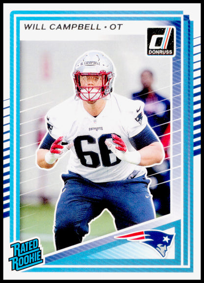 2025 Panini Donruss Will Campbell #345 Patriots Rated Rookie RC Card