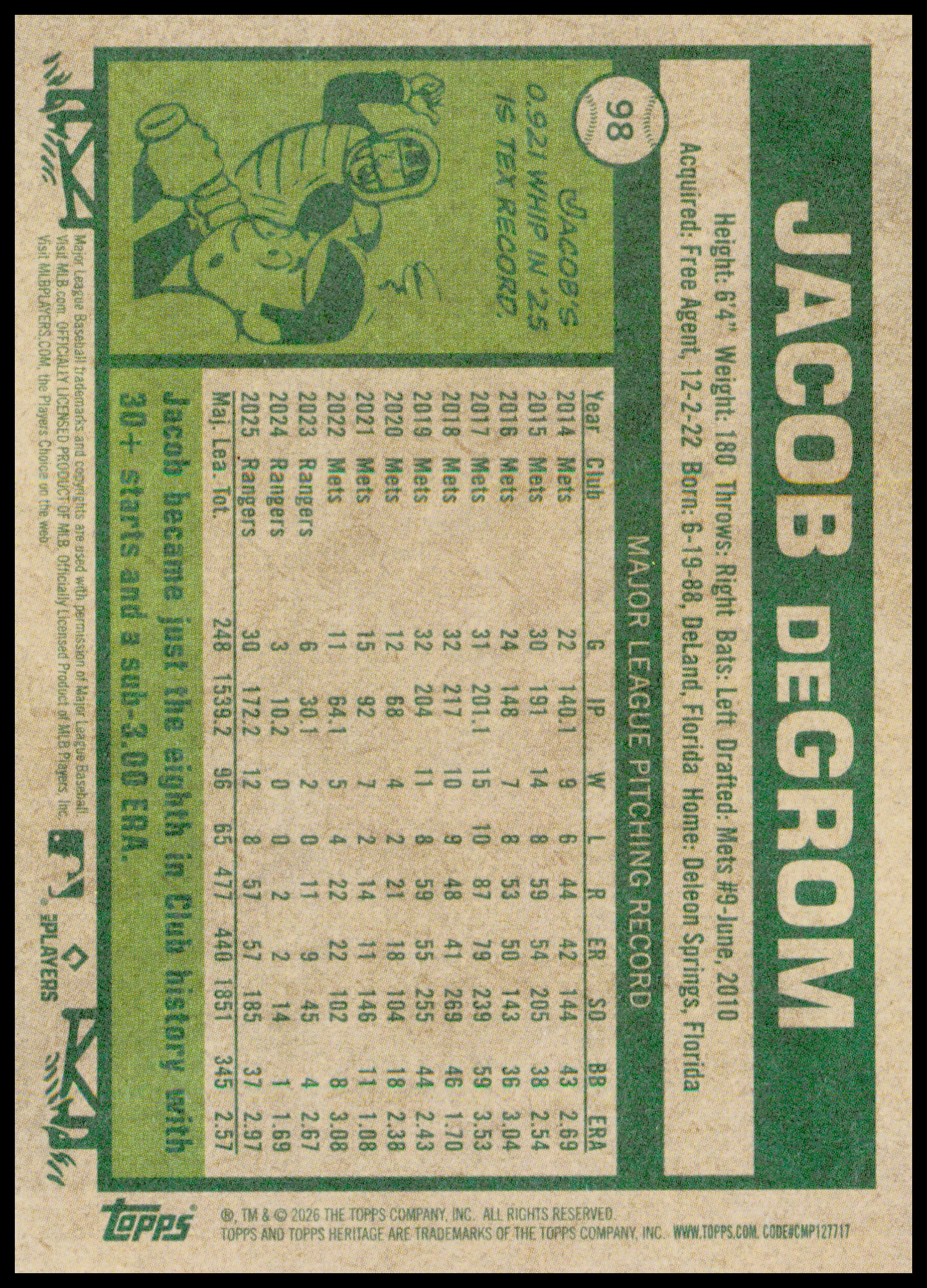 2026 Topps Heritage Jacob deGrom Card