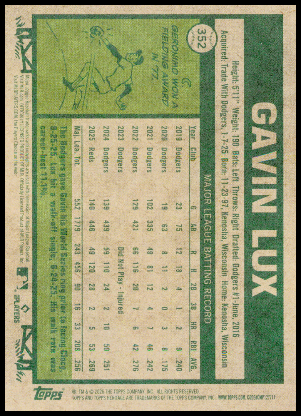 2026 Topps Heritage Gavin Lux #352 Cincinnati Reds MLB Baseball Card