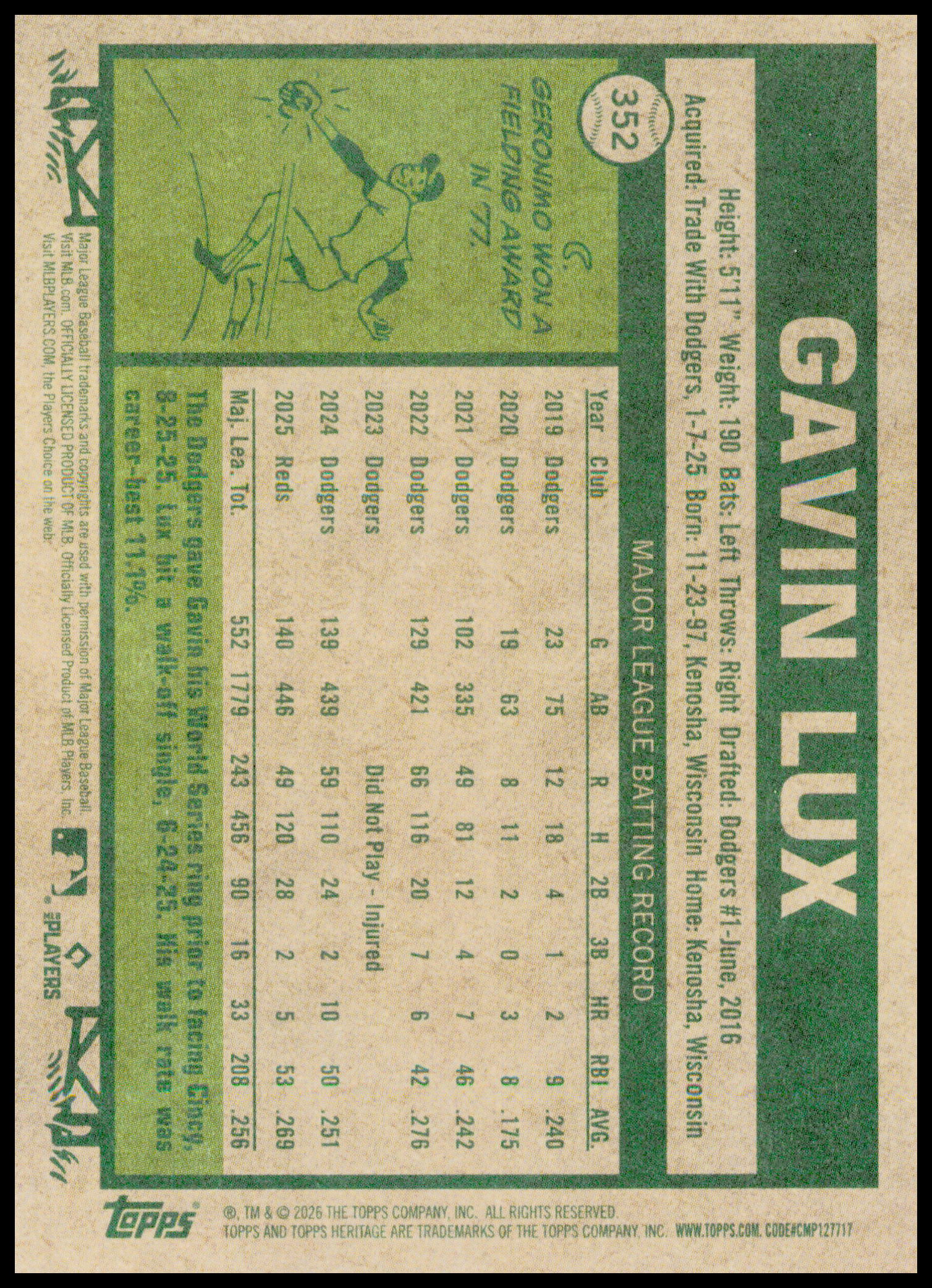 2026 Topps Heritage Gavin Lux #352 Cincinnati Reds MLB Baseball Card