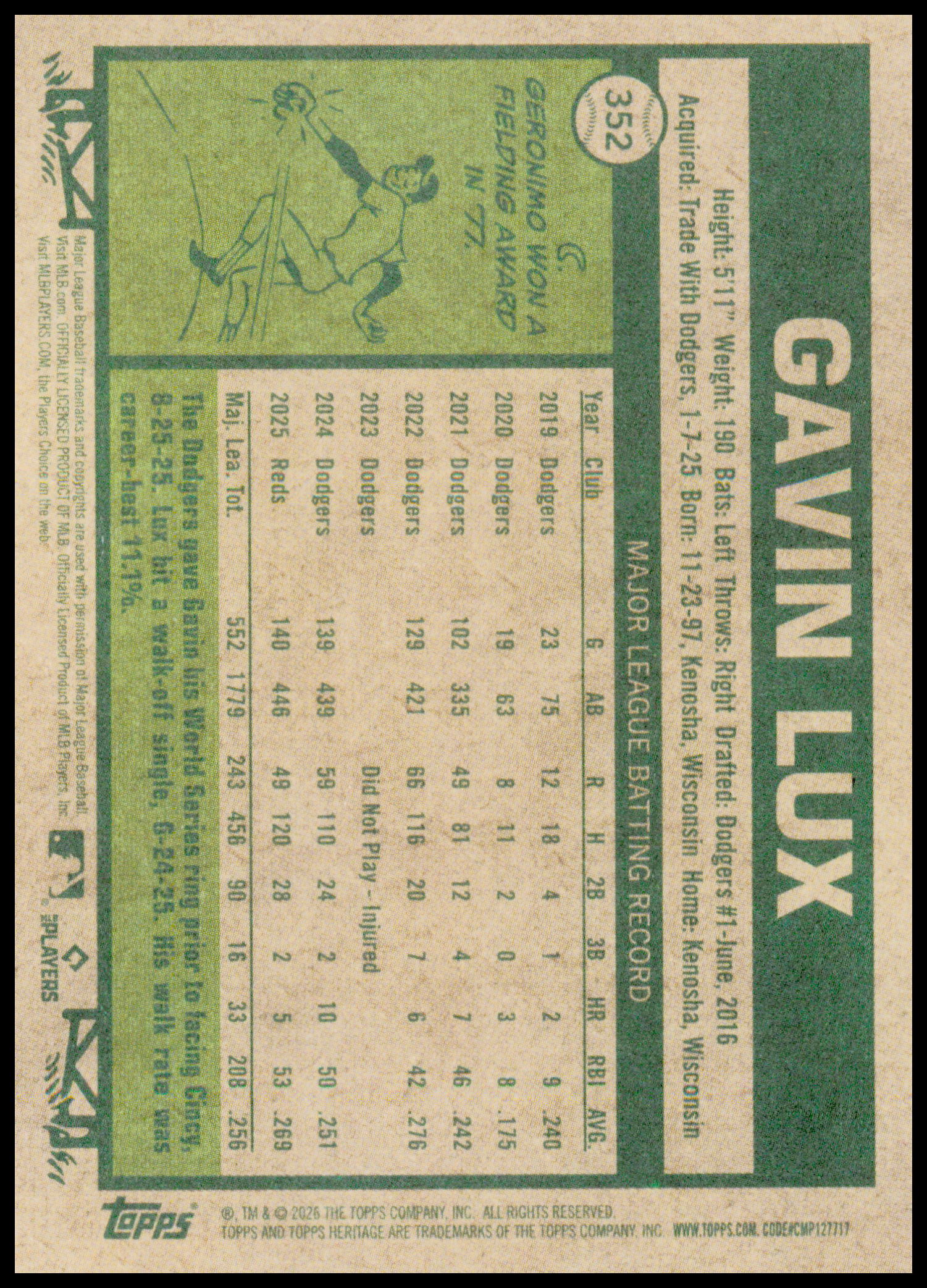 2026 Topps Heritage Gavin Lux #352 Cincinnati Reds Outfield 1977 Design