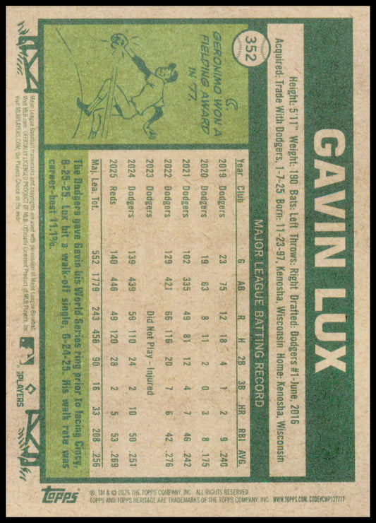 2026 Topps Heritage Gavin Lux #352 Cincinnati Reds Outfield 1977 Design