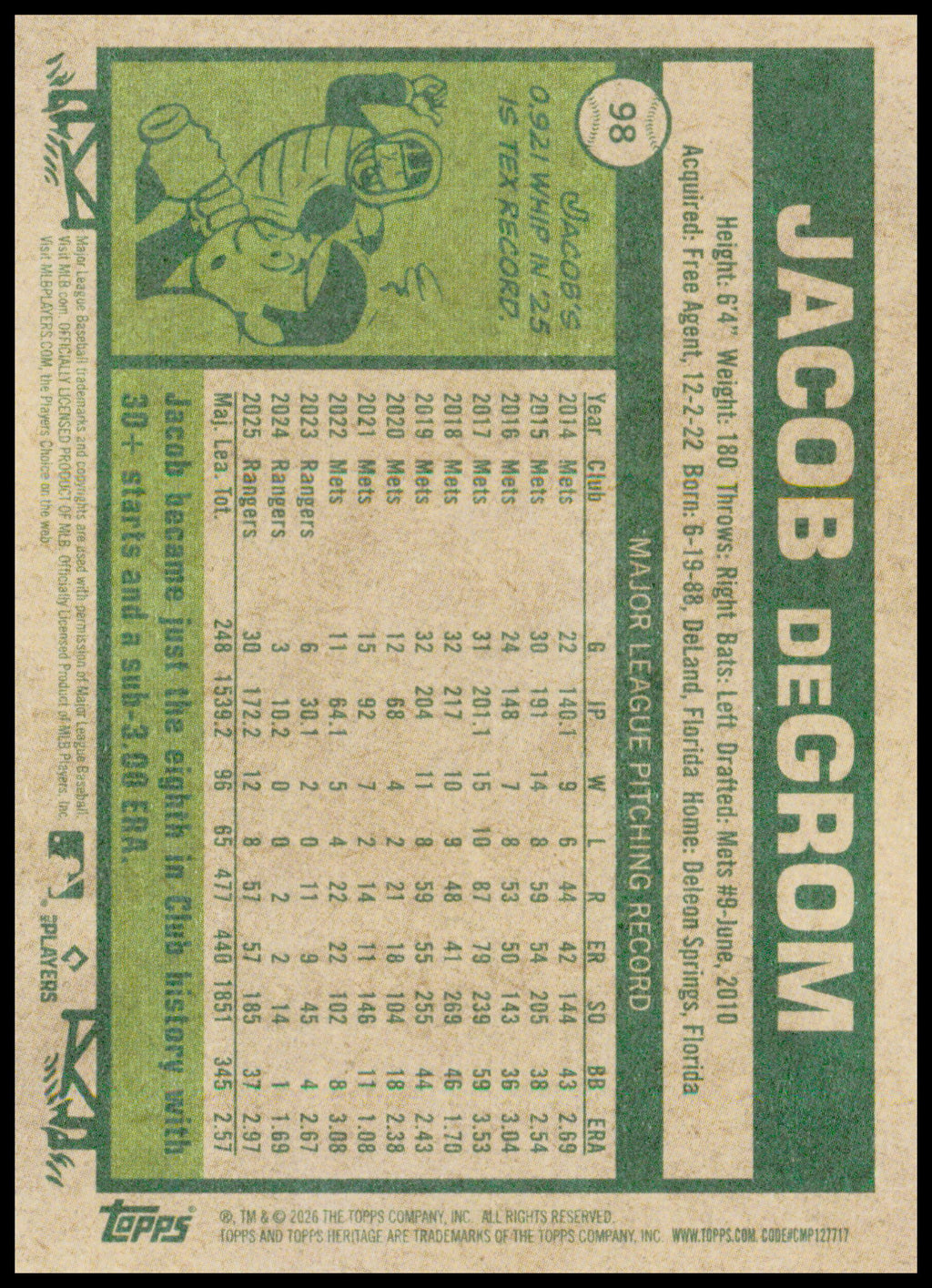 2026 Topps Heritage Jacob deGrom Card