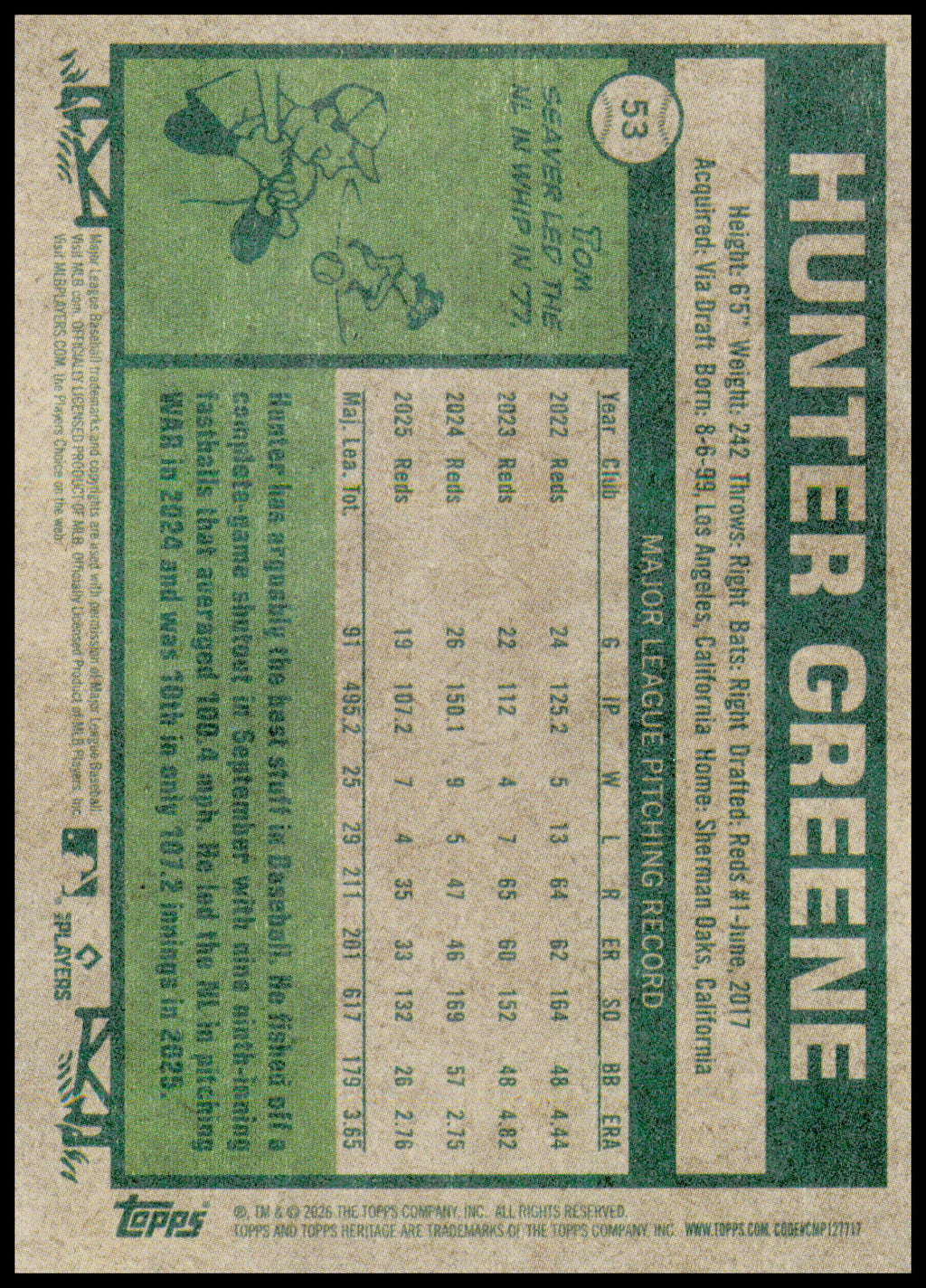 2026 Topps Heritage Hunter Greene Card Cincinnati Reds #53
