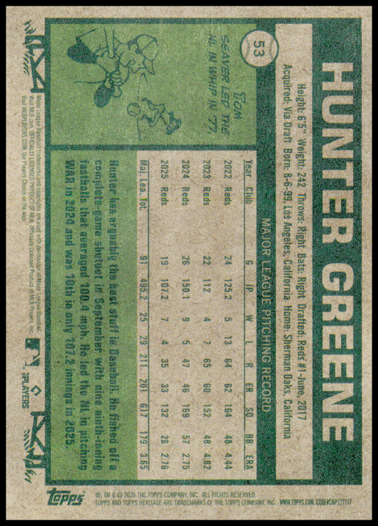 2026 Topps Heritage Hunter Greene Card Cincinnati Reds #53