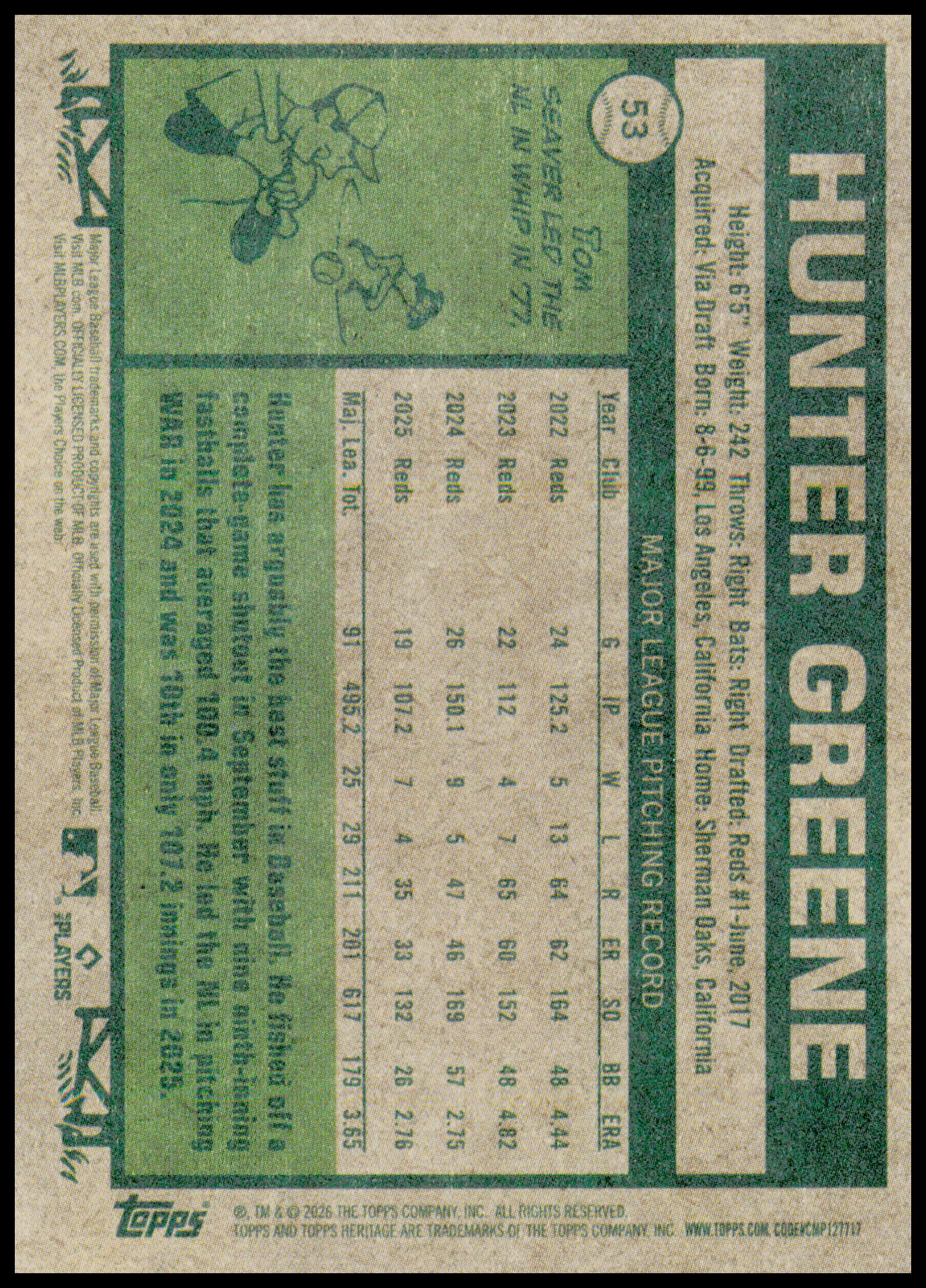 2026 Topps Heritage Hunter Greene Card Cincinnati Reds #53