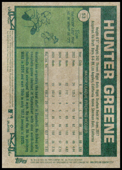 2026 Topps Heritage Hunter Greene Card Cincinnati Reds #53