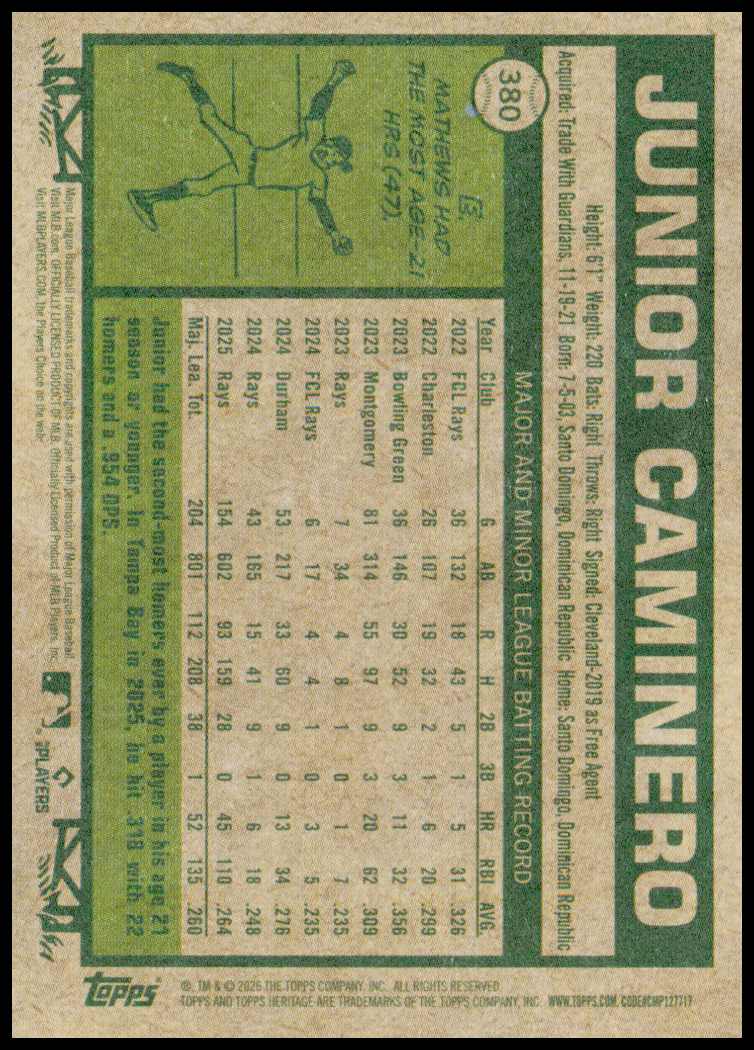 2026 Topps Heritage Junior Caminero Card