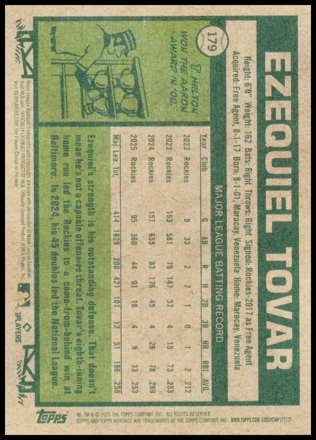 2026 Topps Heritage Ezequiel Tovar Card Colorado Rockies #179