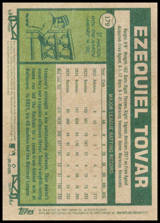 2026 Topps Heritage Ezequiel Tovar Card Colorado Rockies #179