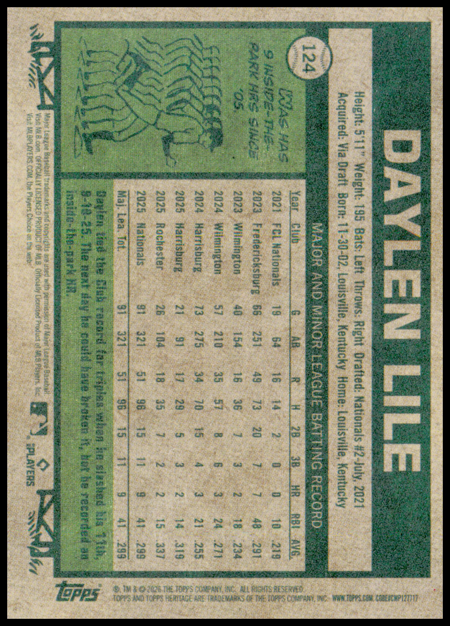 2026 Topps Heritage Daylen Lile Card Washington Nationals #124