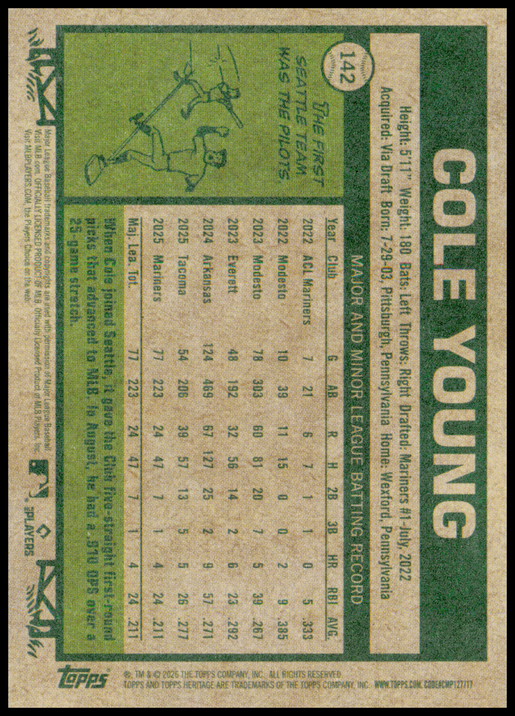 2026 Topps Heritage Cole Young Card RC RC