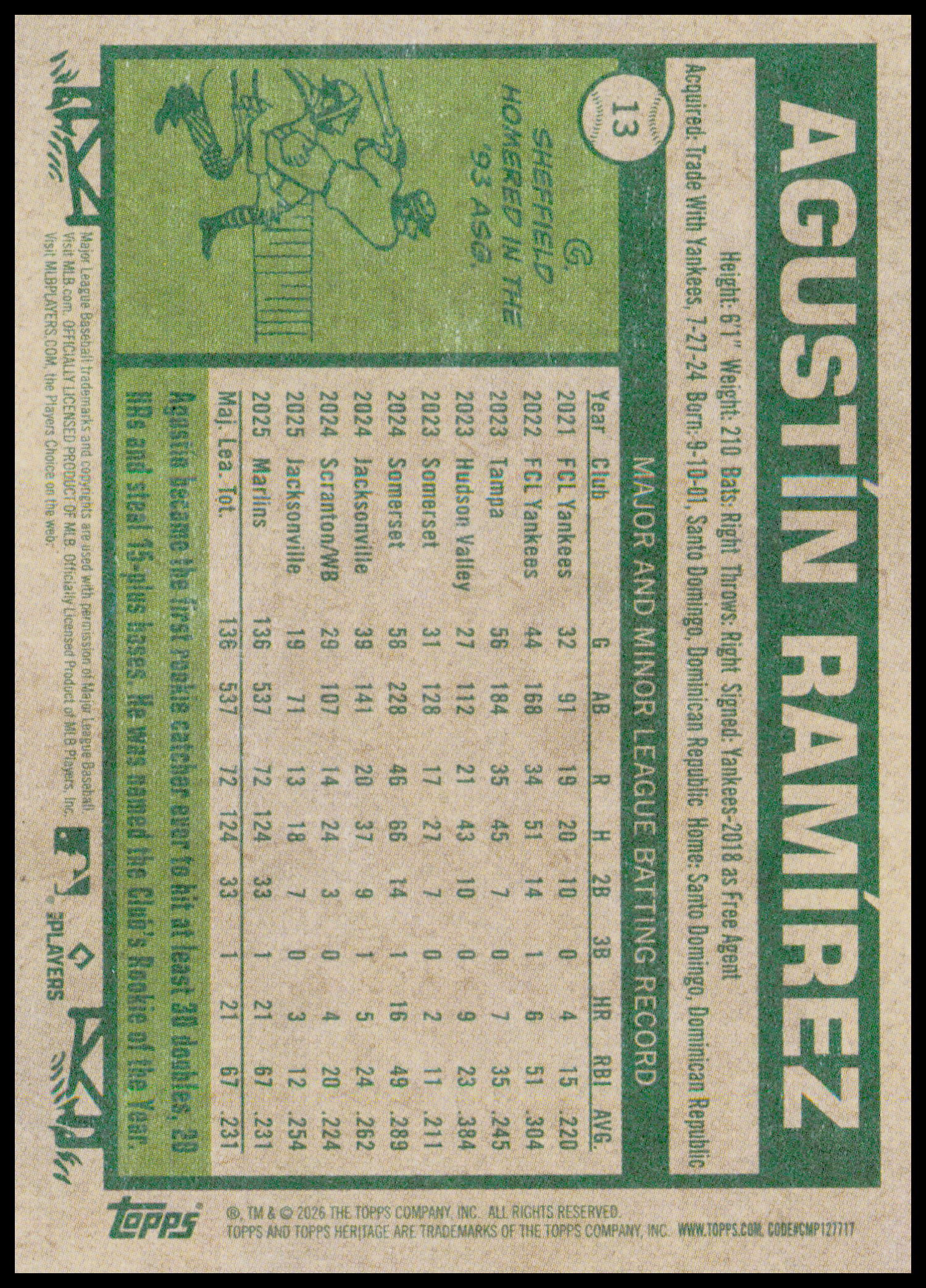 2026 Topps Heritage Agustín Ramírez Card Miami Marlins #13