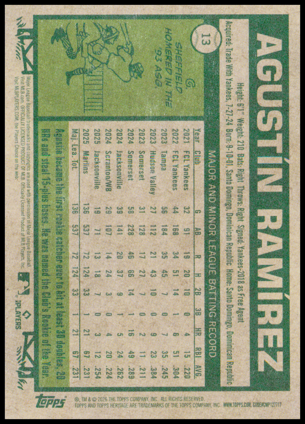 2026 Topps Heritage Agustín Ramírez Card Miami Marlins #13