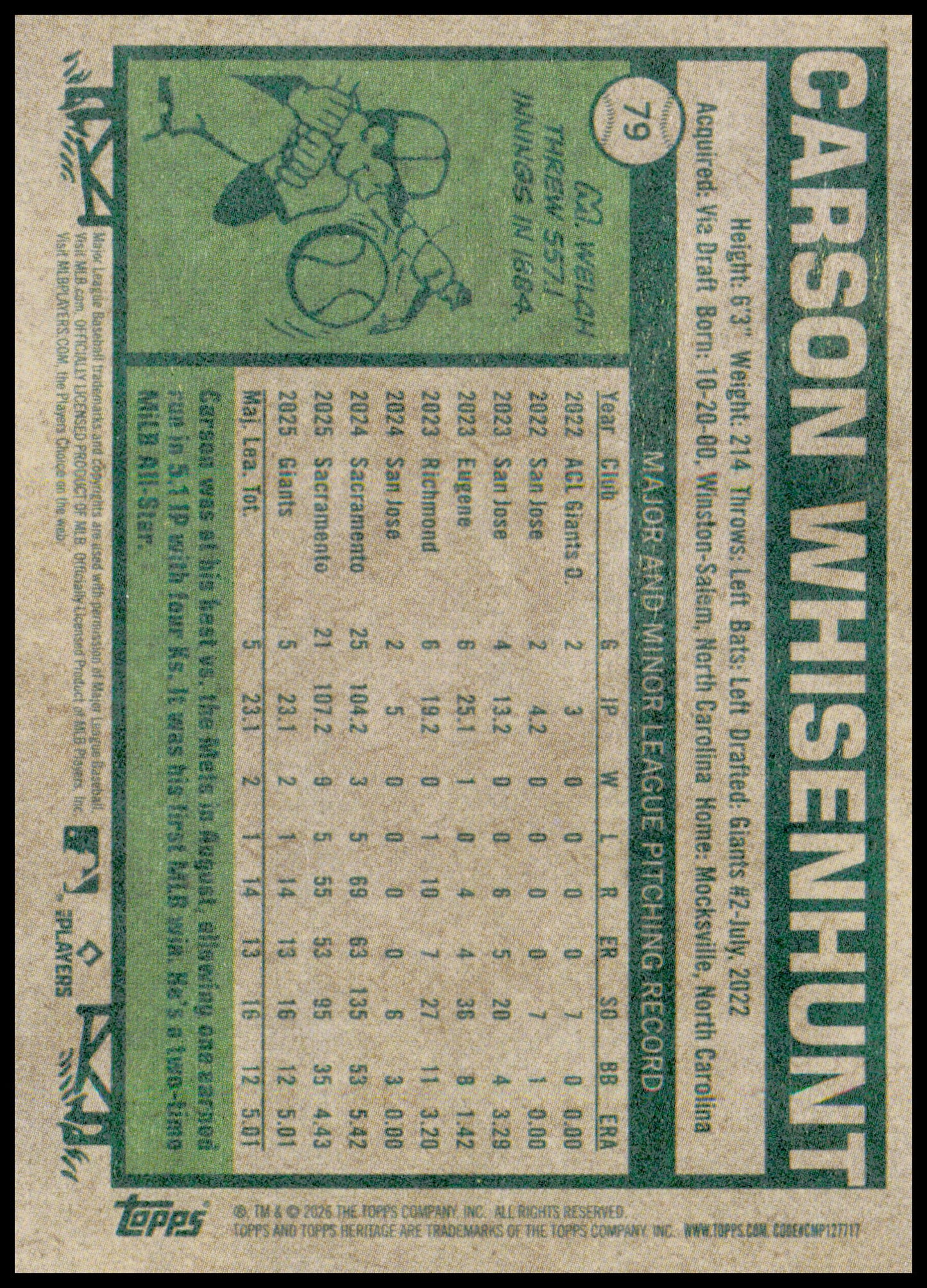 2026 Topps Heritage Carson Whisenhunt Card RC RC