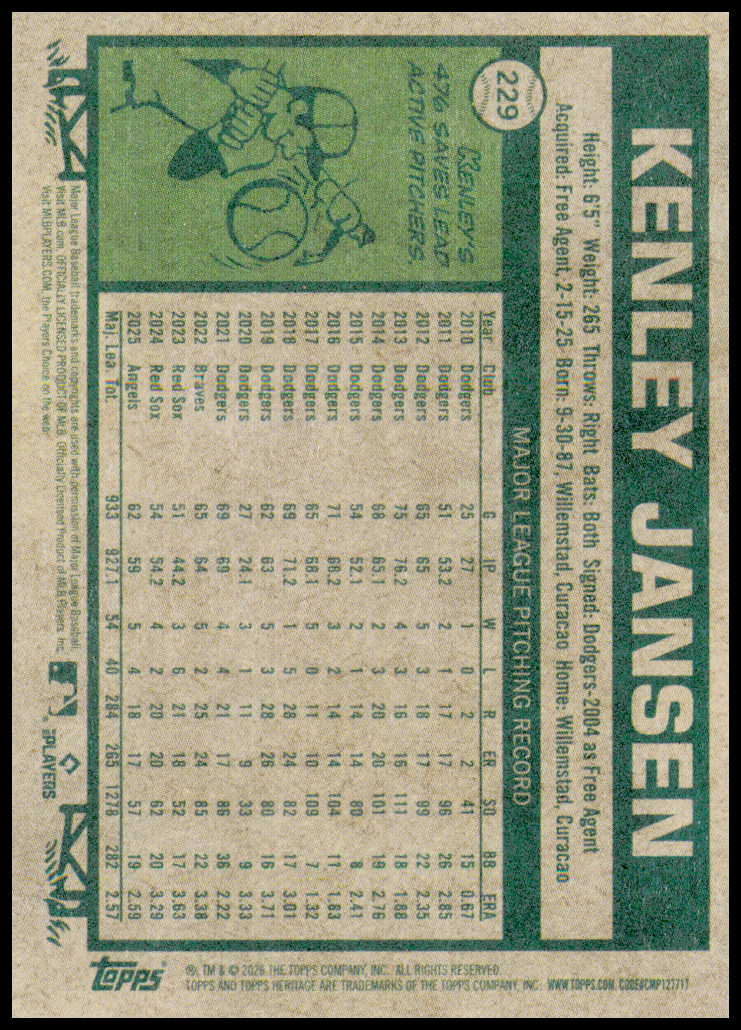 2026 Topps Heritage Kenley Jansen Card Los Angeles Angels #229