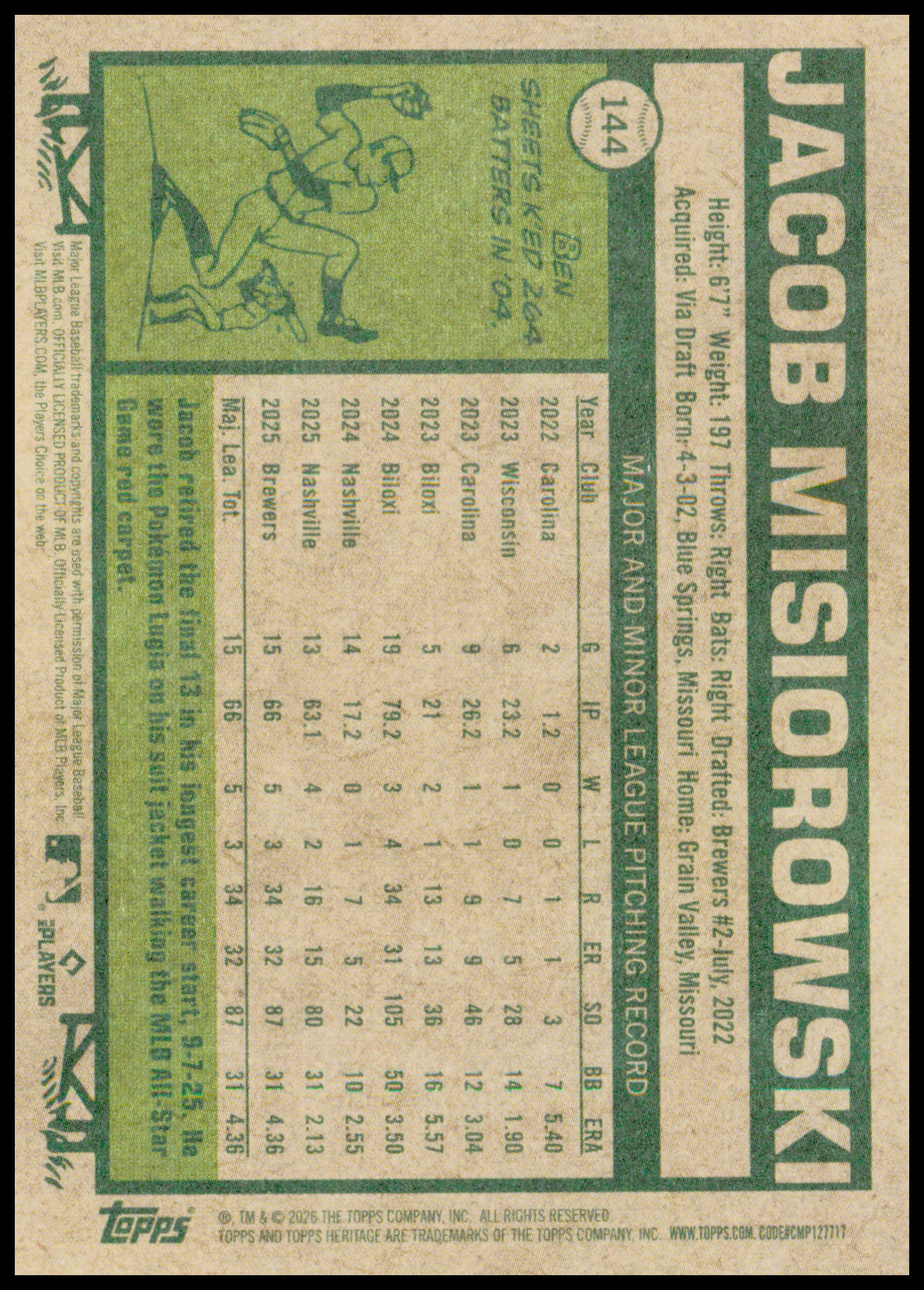 2026 Topps Heritage Jacob Misiorowski Card Rookie