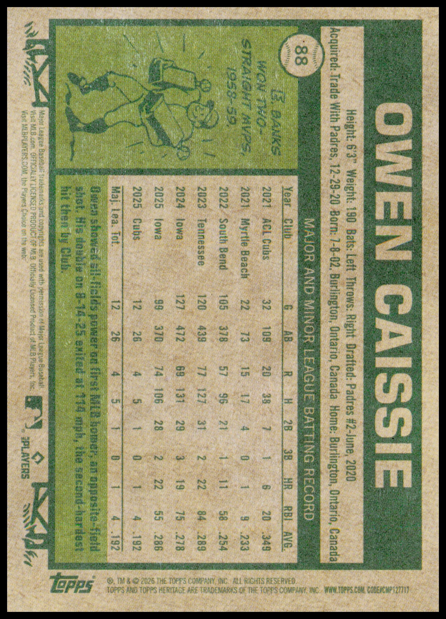 2026 Topps Heritage Owen Caissie Card RC RC