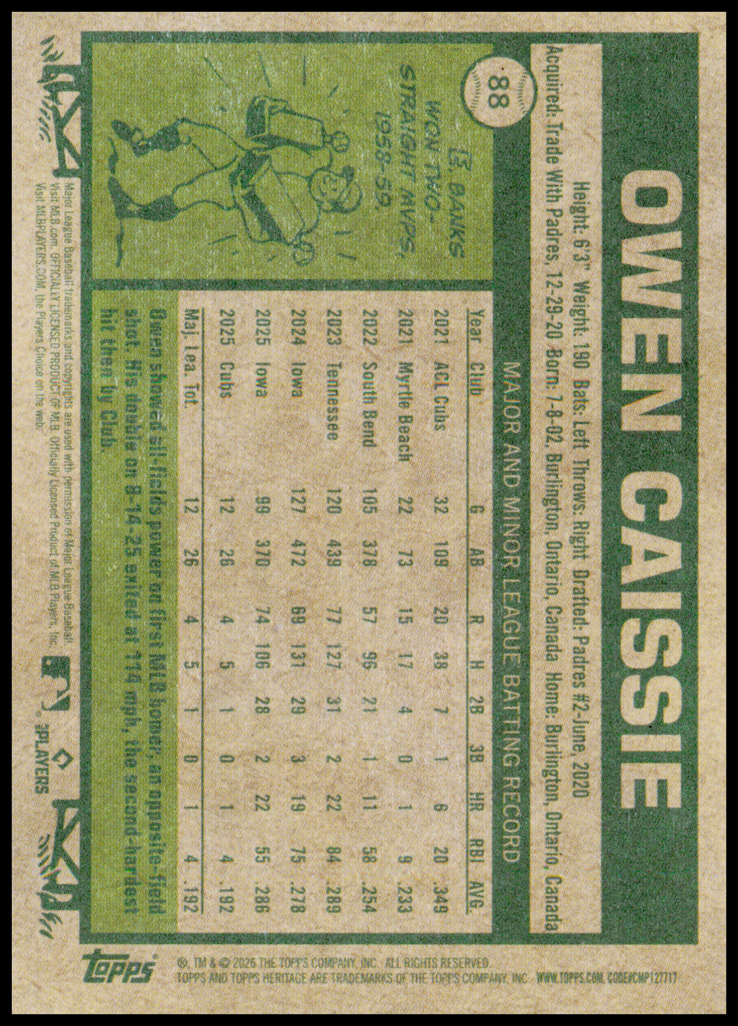 2026 Topps Heritage Owen Caissie Card RC RC
