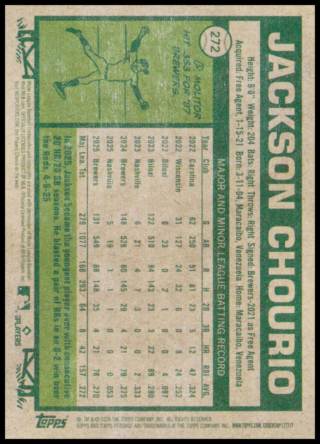 2026 Topps Heritage Jackson Chourio Card