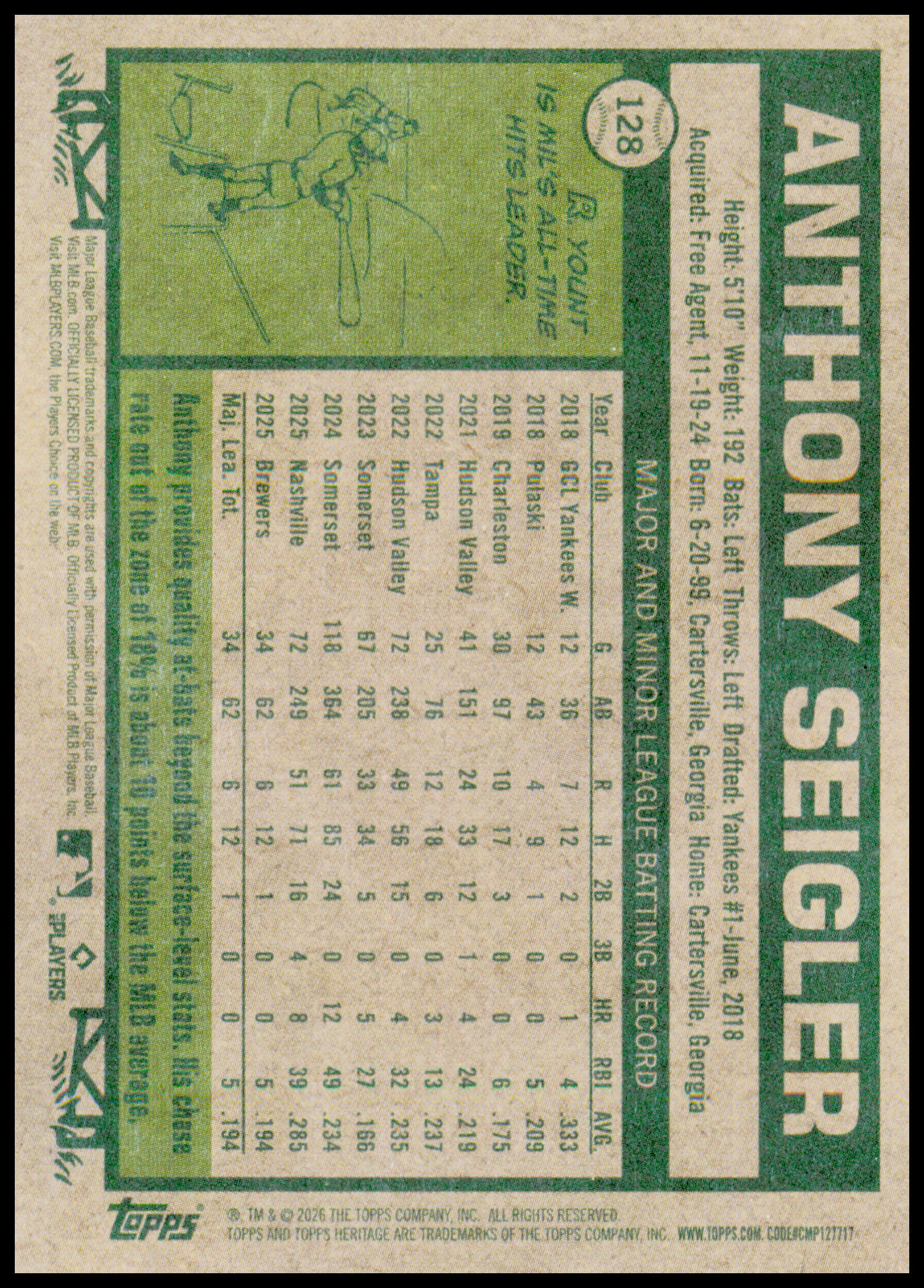 2026 Topps Heritage Anthony Seigler Card RC RC