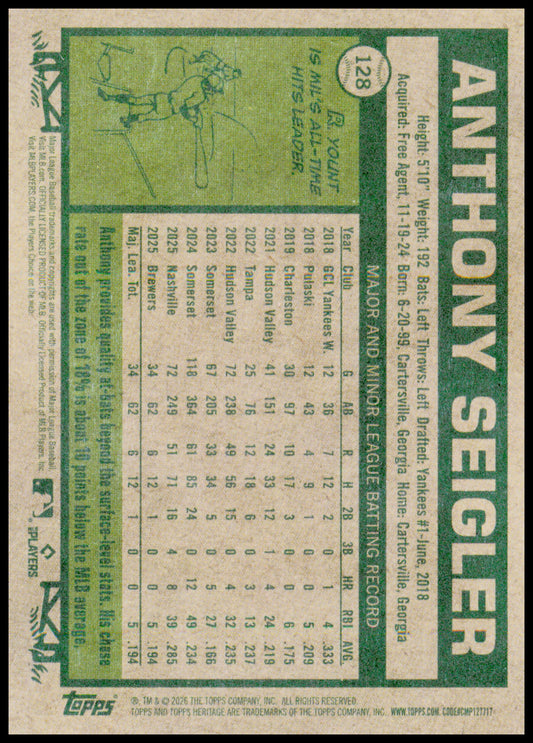 2026 Topps Heritage Anthony Seigler Card RC RC