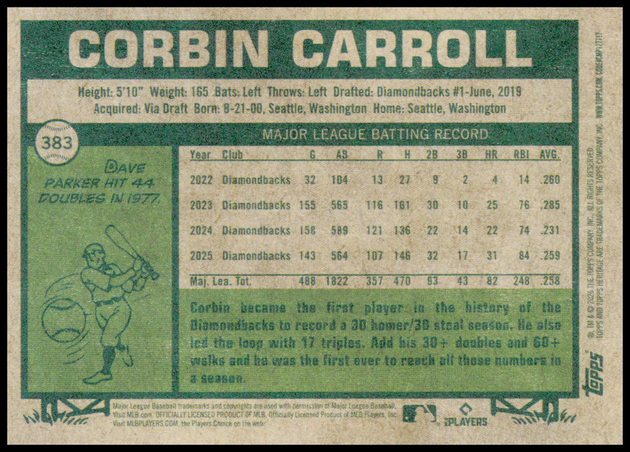 2026 Topps Heritage Corbin Carroll Card Arizona Diamondbacks #383