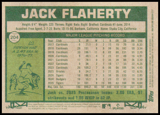 2026 Topps Heritage Jack Flaherty Card Detroit Tigers #204